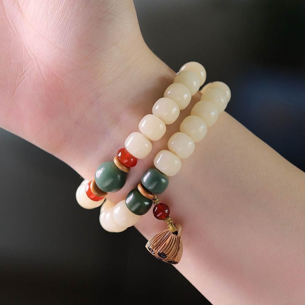 Natural White Jade Bodhi Double-Wrap Bracelet with Lotus Tassel - MystiCrystals
