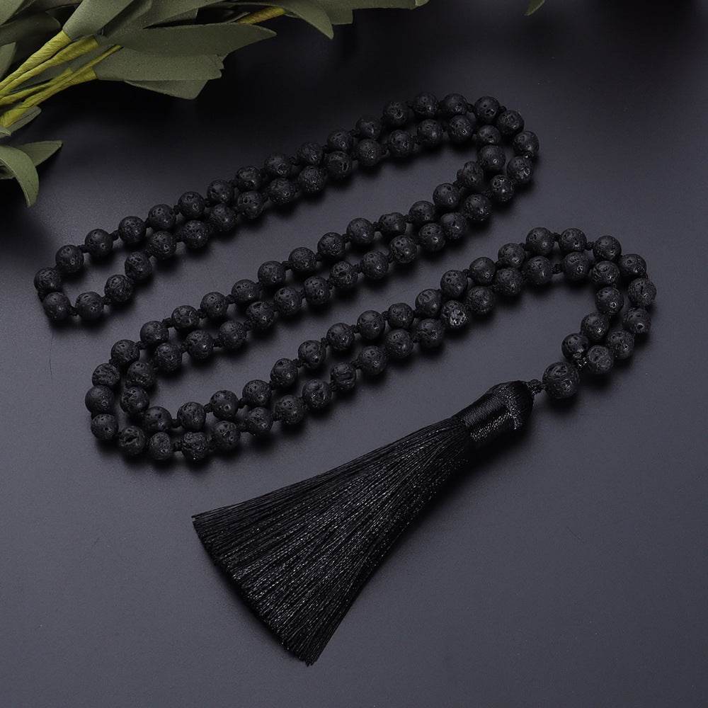 108 Bead Natural Lava Stone Necklace with Tassel - MystiCrystals