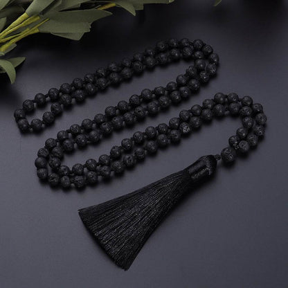 108 Bead Natural Lava Stone Necklace with Tassel - MystiCrystals