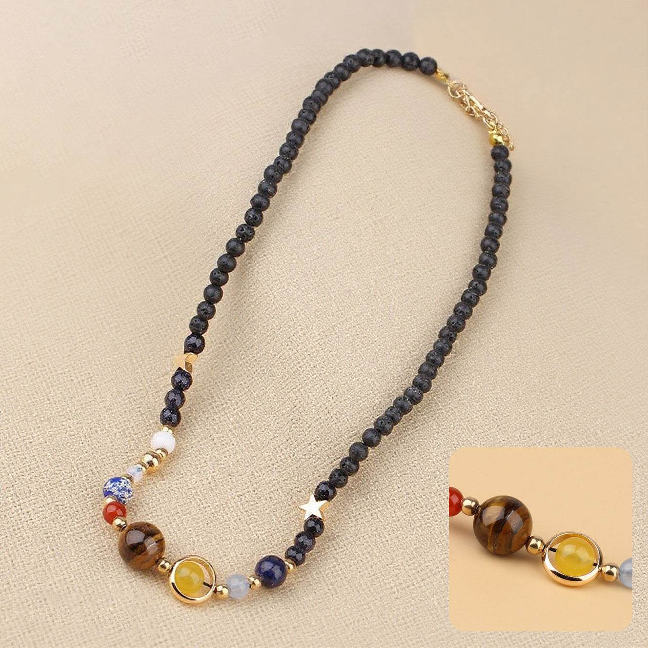Galaxy Pendant Necklace with Tiger Eye and Planets - MystiCrystals