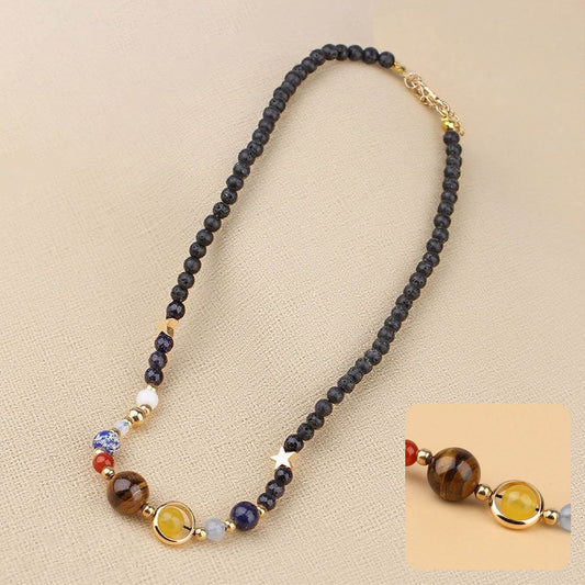 Galaxy Pendant Necklace with Tiger Eye and Planets - MystiCrystals