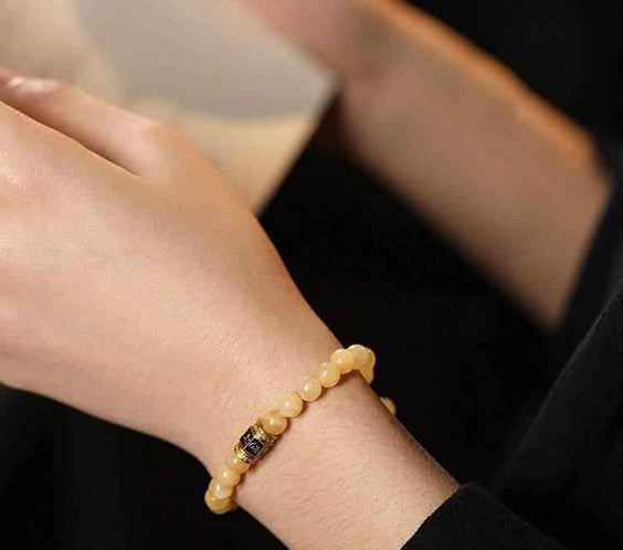 Natural Beige Jade Six Word Mantra Bracelet