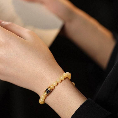 Natural Beige Jade Six Word Mantra Bracelet - MystiCrystals