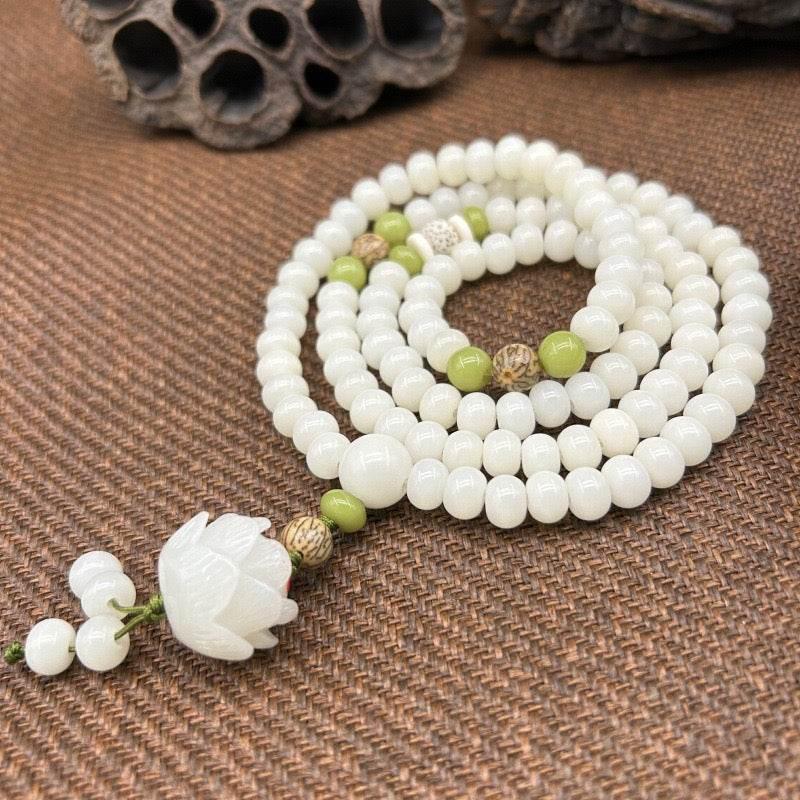 Natural White Jade Bodhi Bracelet – 108 Beads - MystiCrystals
