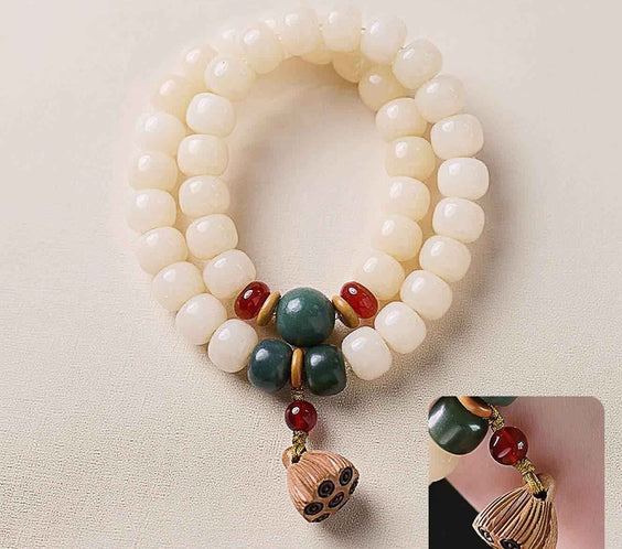 Natural White Jade Bodhi Double-Wrap Bracelet with Lotus Tassel