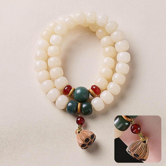 Natural White Jade Bodhi Double-Wrap Bracelet with Lotus Tassel - MystiCrystals