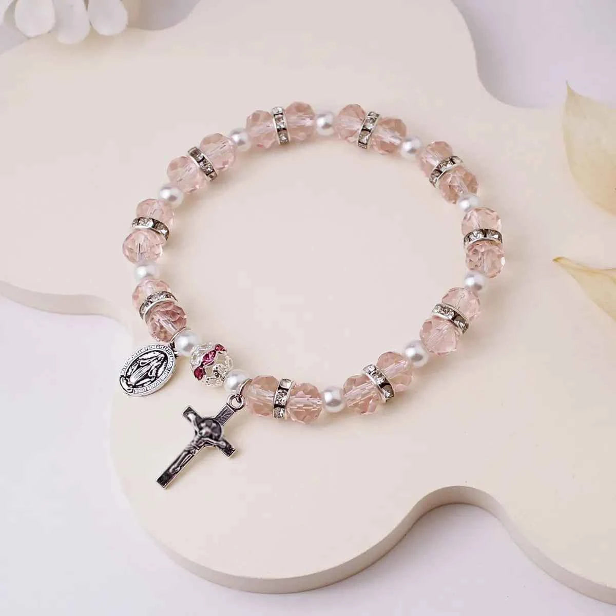 Handmade Crystal & Pearl Beaded Bracelet with Cross Pendant
