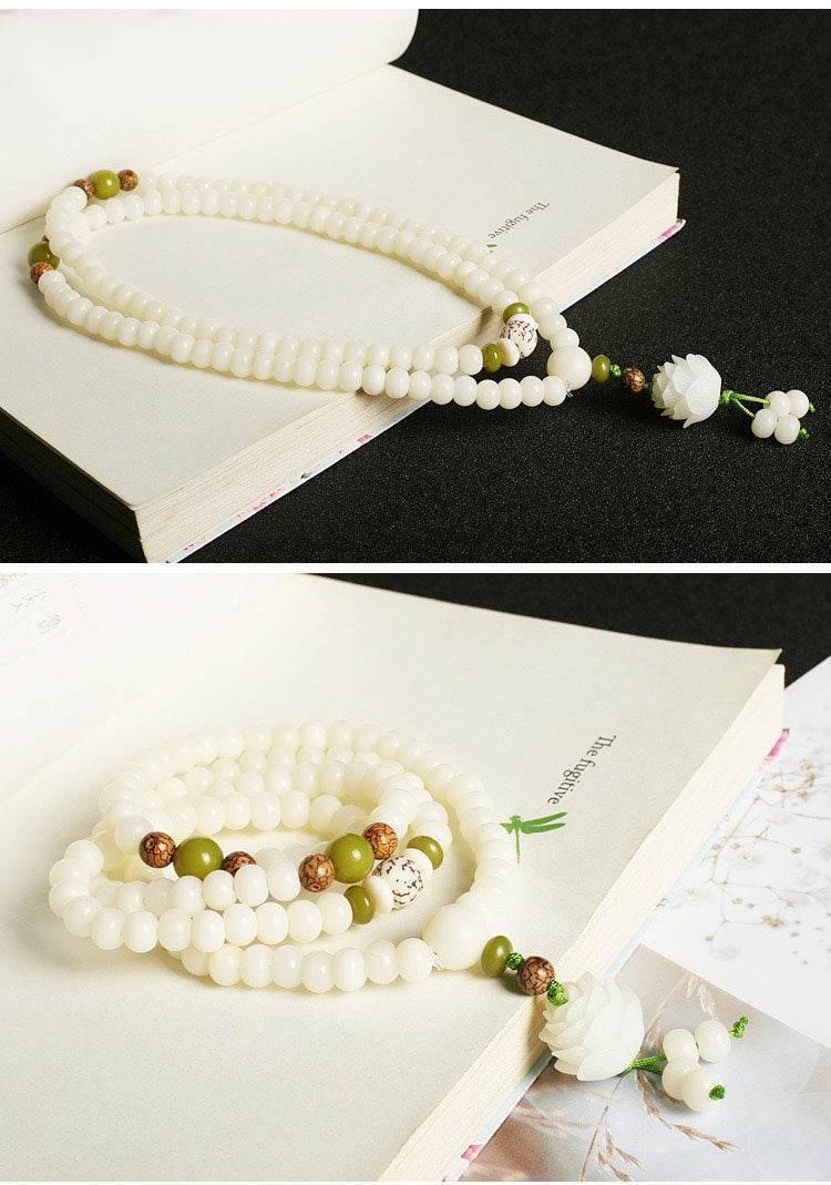Natural White Jade Bodhi Bracelet – 108 Beads - MystiCrystals