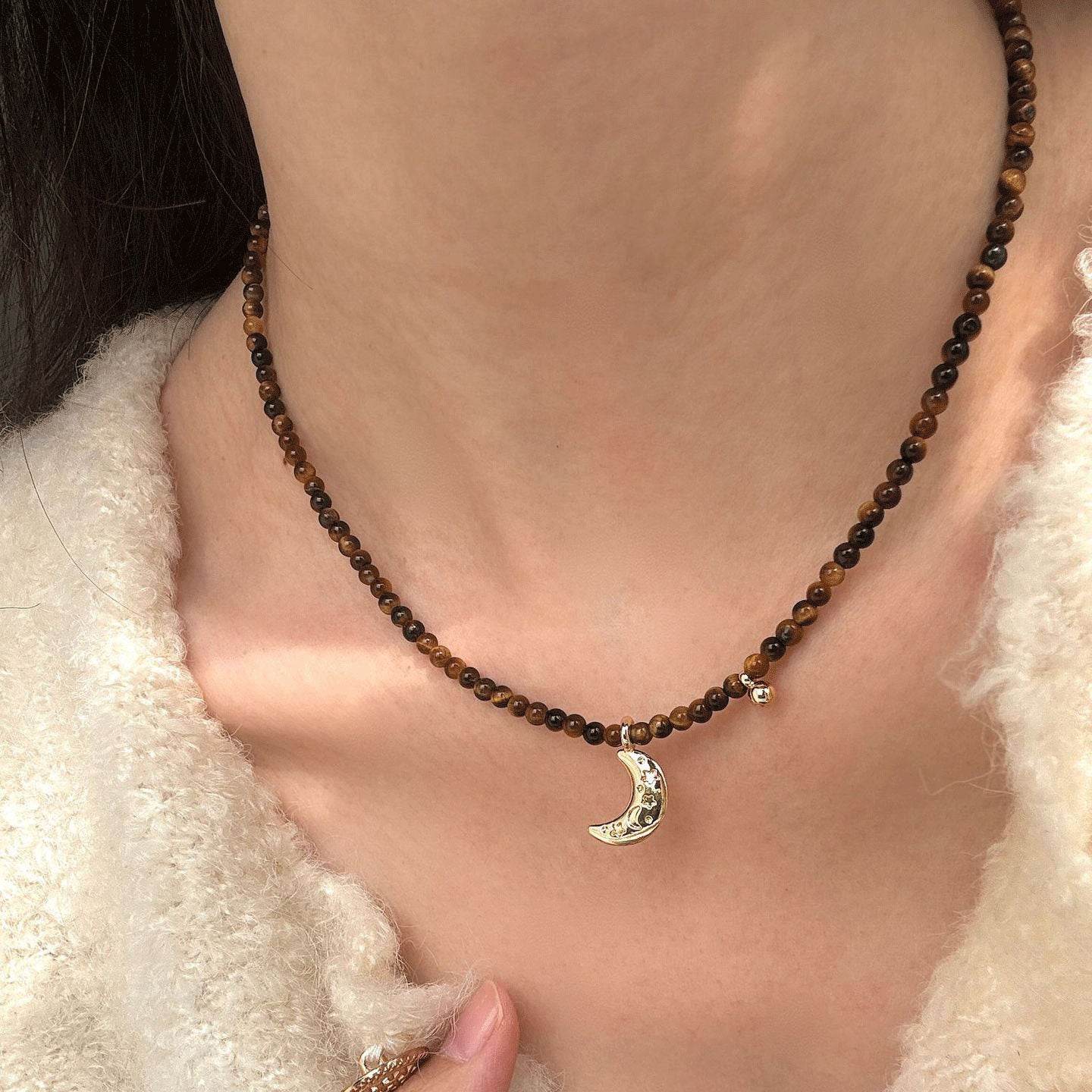 Moon Pendant Necklace with Tiger Eye and Shell - MystiCrystals