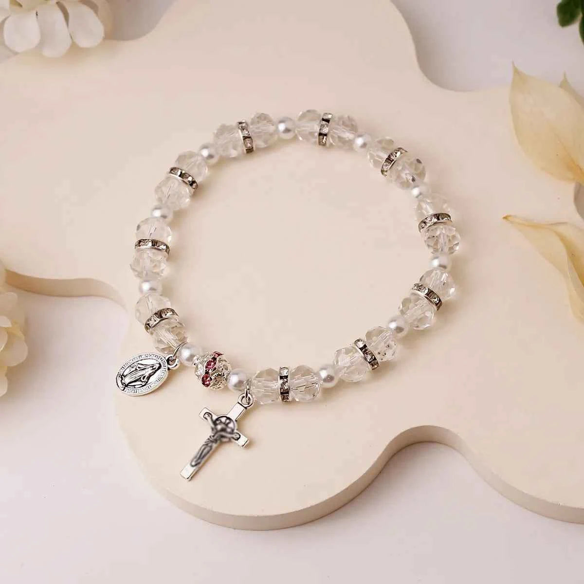 Handmade Crystal & Pearl Beaded Bracelet with Cross Pendant