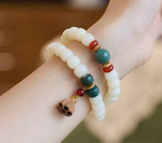 Natural White Jade Bodhi Double-Wrap Bracelet with Lotus Tassel