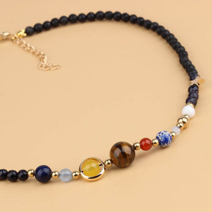 Galaxy Pendant Necklace with Tiger Eye and Planets - MystiCrystals