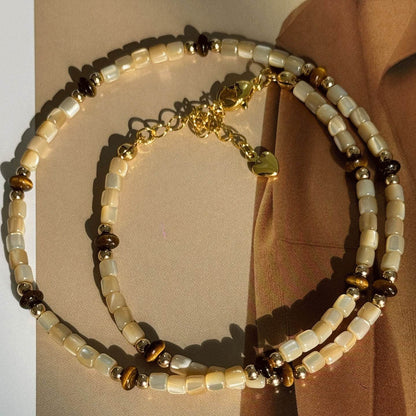 Moon Pendant Necklace with Tiger Eye and Shell - MystiCrystals