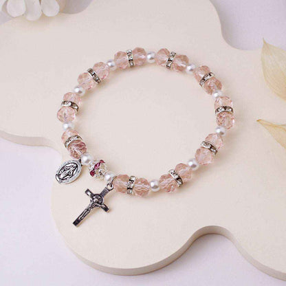 Handmade Crystal & Pearl Beaded Bracelet with Cross Pendant