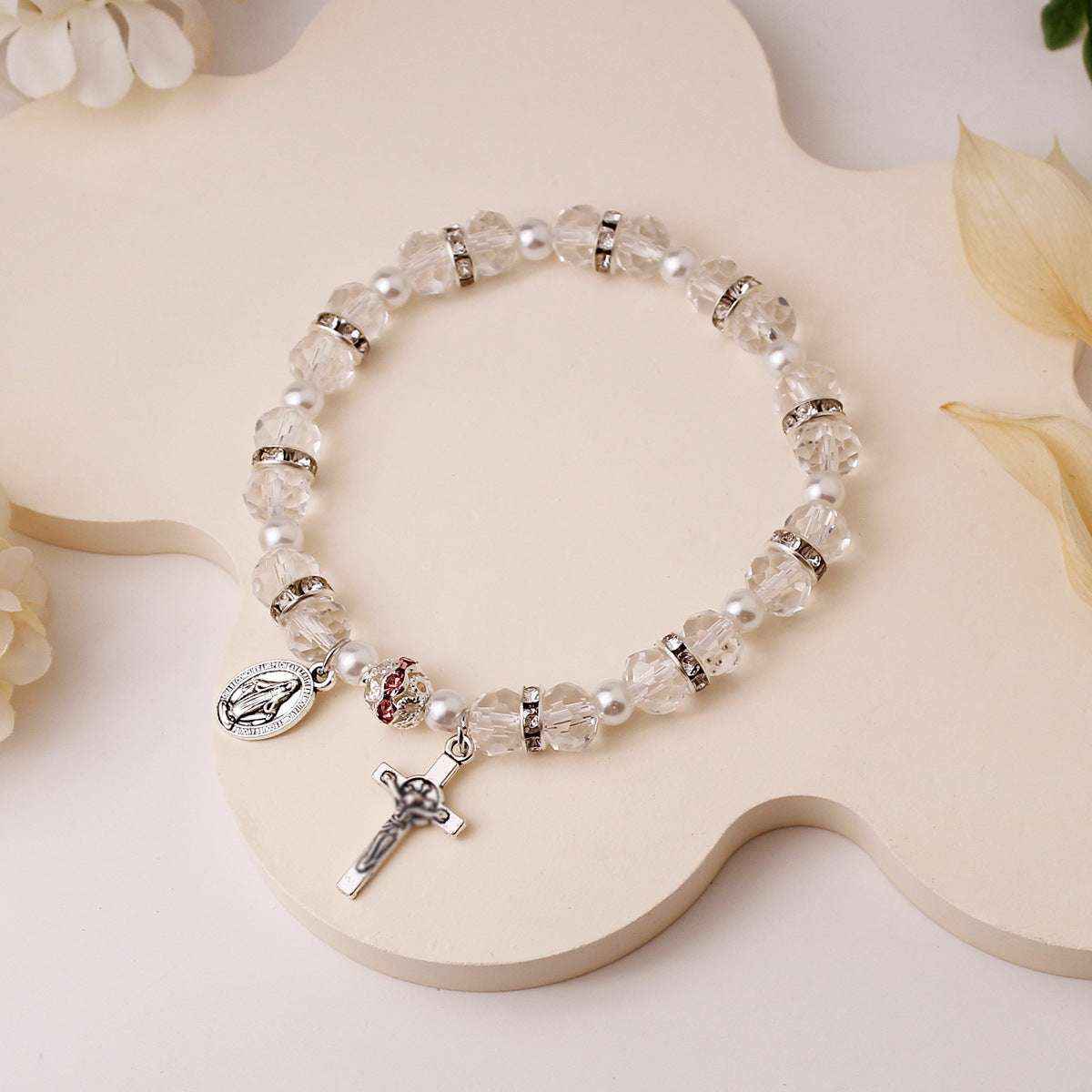 Handmade Crystal & Pearl Beaded Bracelet with Cross Pendant