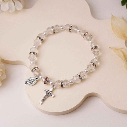 Handmade Crystal & Pearl Beaded Bracelet with Cross Pendant